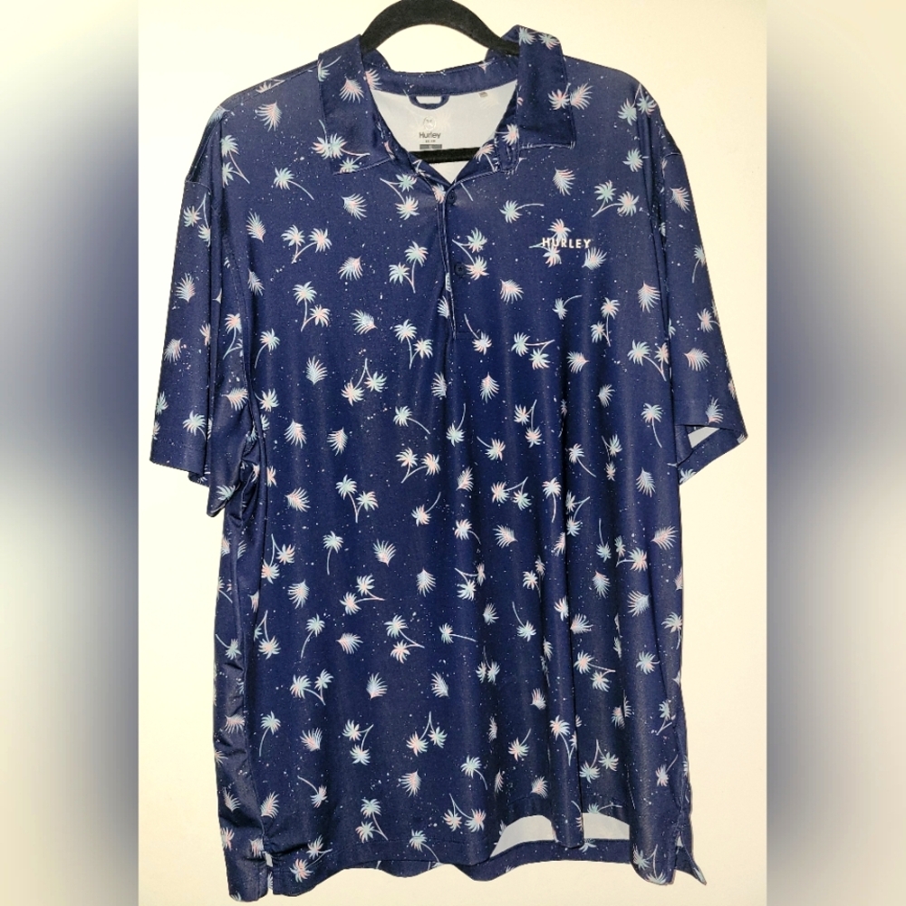 Hurley UPF 50 Mens Size XL‎ Sun Protection Quick Dry Polo Shirt Palm Tree Print